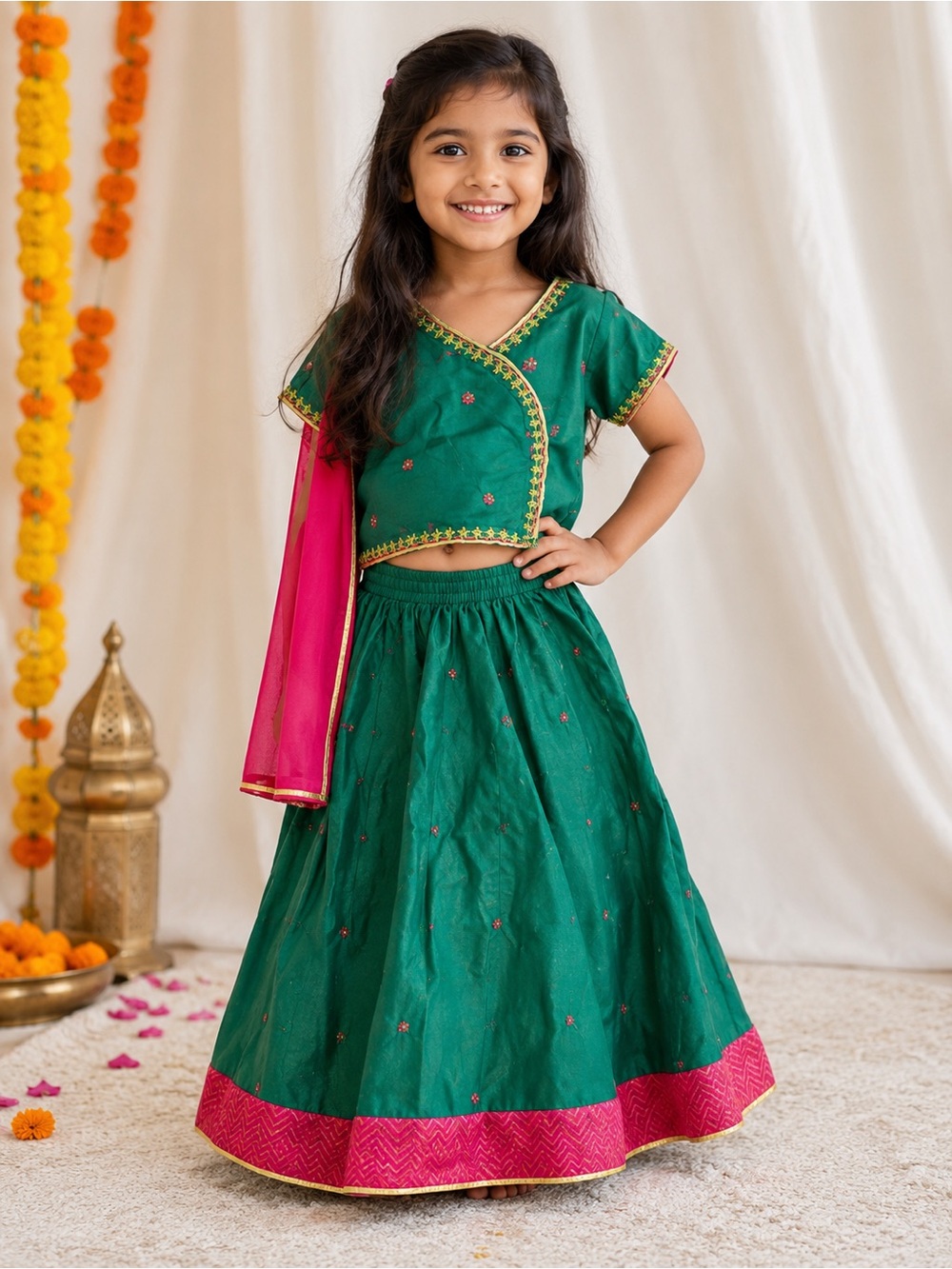 • Melange • Girls / Baby Lehenga Indian Festive Outfit Green and Pink / Gold